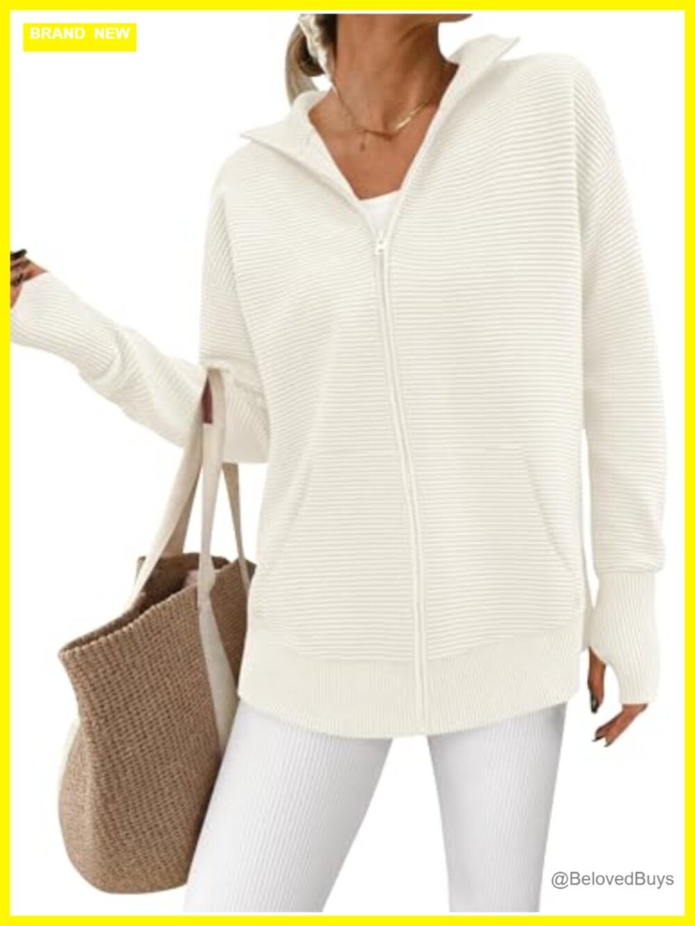 Long Sleeve Zip Up Ribbed Cardigan Sweater with Thumb Holes